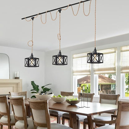 3 Light Plug in Pendant Light Rattan Hanging Lights with Switch 22FT Industrial Ceiling Light,Plug in Cord with Woven Hemp Rope Lamp Shade, Hanging Lamp Cord Farmhouse Cable DIY