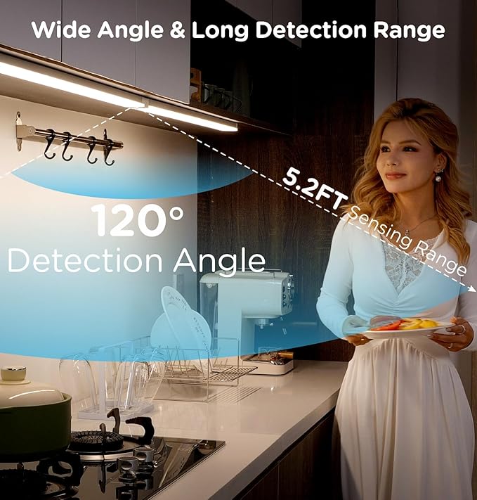 Leetdud Under Cabinet Lighting Plug in 9 Inch, 120V Motion Sensor Lights Indoor, 3CCT 3000/4000/5000K, Aluminum Linkable Super Bright LED Counter Light with Timer for Kitchen, Shelf, Closet, 4 Pack