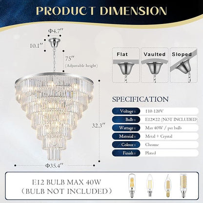 Chrome Crystal Chandelier Large 36" Modern Round Staircase Chandeliers 22 Lights 7-Tier Luxury K9 Crystal Ceiling Pendant Light Fixture for Tall Ceiling Living Room Foyer
