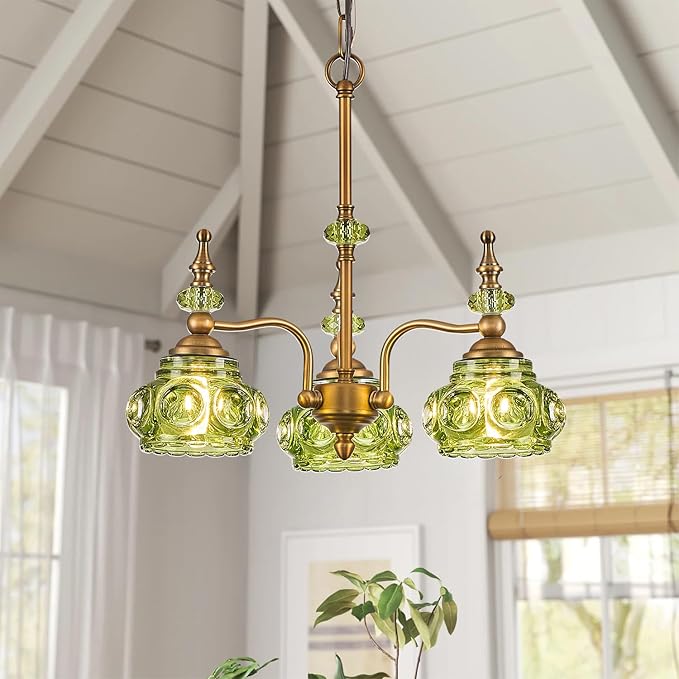 3-Light Green Pendant Lighting Fixtures Vintage Brass Pendant Light for Bedroom Kitchen Island Dining Room Living Room