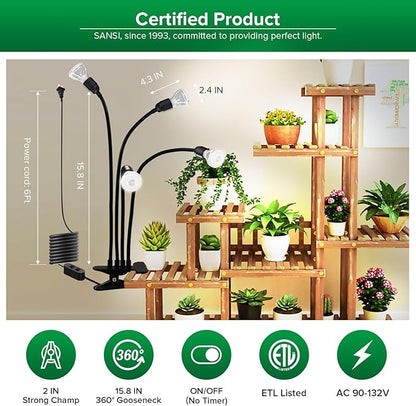 SANSI LED Grow Lights for Indoor Plants, 600W Full Spectrum Gooseneck Clamp Grow Lamp, 40W Power Plant Light with High PPFD for Seeding, Lifetime Free Bulb Replacement Plant Lights for Indoor, 4 Head