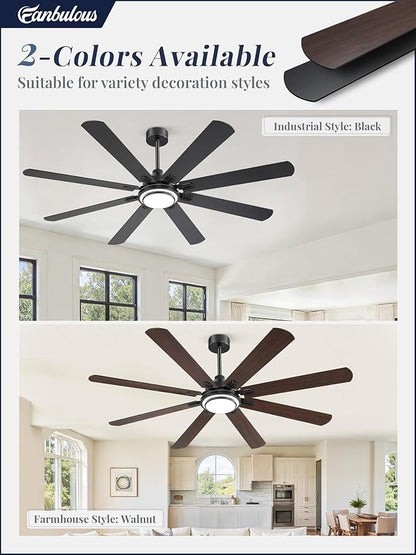Fanbulous 72 Inch Ceiling Fans with Lights and Remote, Black Ceiling Fan with 8 Dual-Color Blades, Indoor/Outdoor Large Ceiling Fans, Reversible DC Motor, 6-Speed, 3CCT for Living Room Kitchen Patio