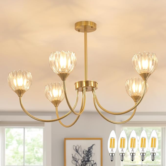 Shenmoyl 30.31" Brass Gold Chandelier, 5-Light Chandelier Light with Clear Tulip Glass Lampshade, Height Adjustable Vintage Chandeliers for Dining Room Living Room Kitchen Island