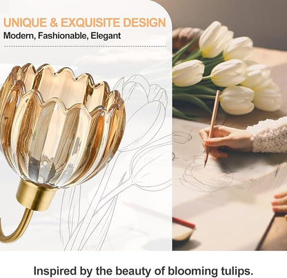 Bathroom Light Fixtures, 2-Light Brushed Gold Vanity Lights for Bathroom with Ribbed Amber Tulip Glass Shade, Vanity Lights Over Mirror for Bedroom, Living Room, Hallway