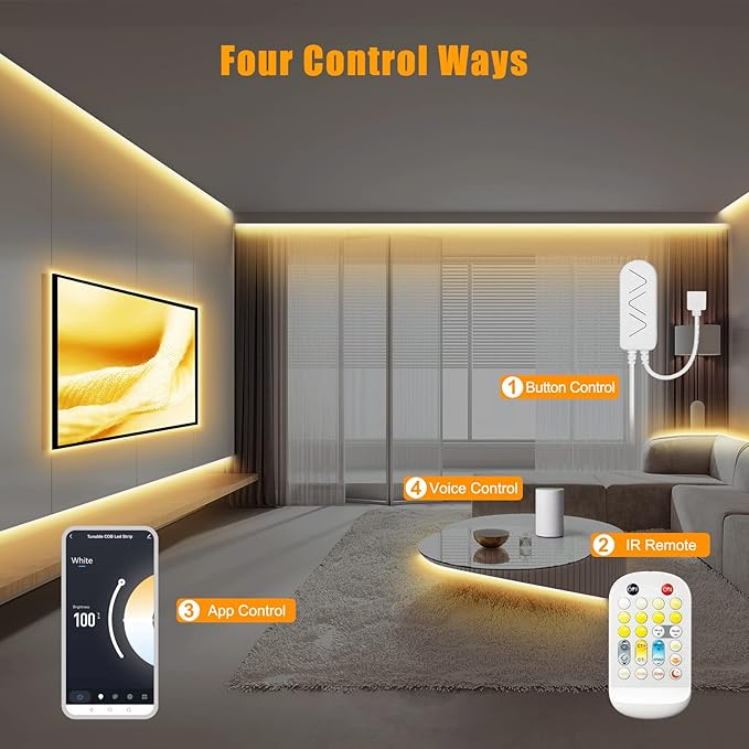 Tatazone 9.84ft Tunable White Smart COB Led Strip Light Kit, CCT 2700K-6500K Bright COB Led Tape Light Compatible with Alexa and Google, Dimmable Indoor COB Led Ribbon for Kitchen Cabinet, Room, TV