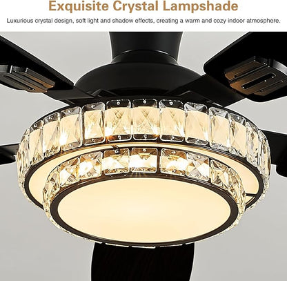 Ceiling Fans with Lights - Crystal Ceiling Fan, 52" Low Profile and Remote Control, Flush Mount, Reversible, 3CCT, Dimmable, Noiseless, Black Ceiling Fan for Bedroom