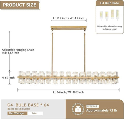 Crystal Gold Rectangular Chandelier for Dining Room, 54 in Light Fixture Dining Room Chandeliers Over Table, Modern Crystal Chandeliers Pendant Light for Kitchen Island, Living Room