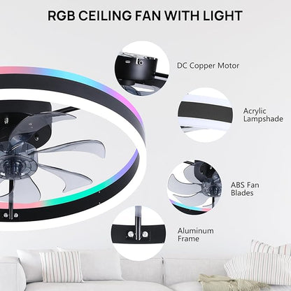 RGB Ceiling Fans with Lights, 20" Fandelier Low Profile Ceiling Fan with Light, Modern Flush Mount Ceiling Fan Light with Remote/APP Control, Bedroom Chandelier Fan Fixture for Indoor(Black)