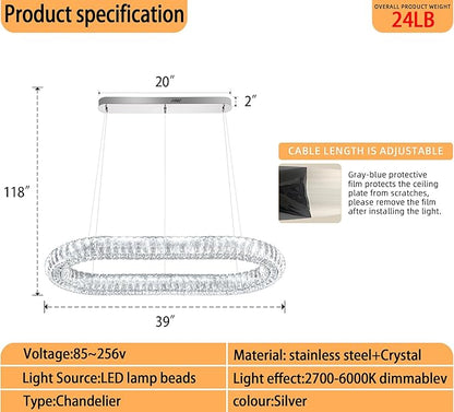 Crystal Ring Chandelier, 40'' Chrome Crystal Ring Pendant Light for Kitchen Island Modern Linear Oval Chandeliers for Dining Room Dimmable 3000K-6000K