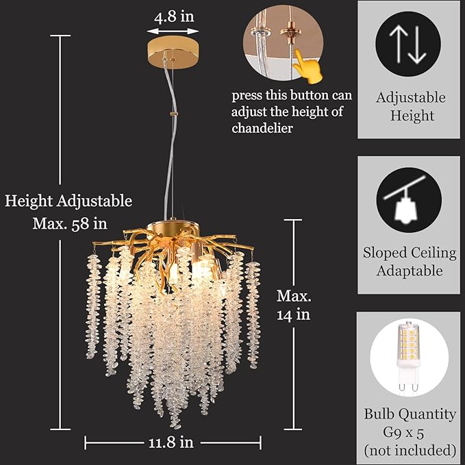 Modern Tree Branch Chandelier, D11.8'' Gold Crystal Raindrop Indoor Hanging Pendant Light Fixture for Dining Room Kitchen Island Bedroom 5 Lights