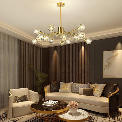 Weesalife Sputnik Chandeliers for Dining Room Light Fixtures,Modern Crystal Chandeliers for Living Room,15 Lights Gold Mid Century Brass Lighting Fixtures for Kitchen Island Bedroom Entryway