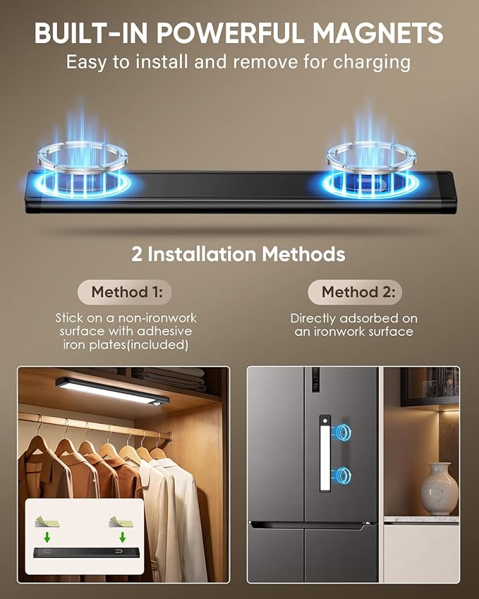 MCGOR 3 Pack 10inch Under Cabinet Lighting, Rechargeable Motion Sensor Light Indoor with 3 Color Temps, Dimmable Magnetic Led Closet Lights, Wireless Under Counter Lights for Kitchen, Stairs,Black