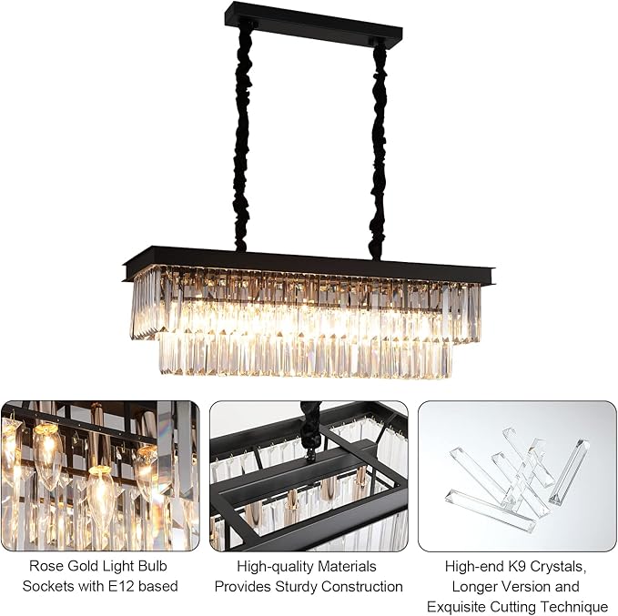 A AXILIXI Crystal Chandelier for Dining Room,Rectangular Black Chandelier Modern Rectangle Pendant Light Fixtures for Kitchen Island L33” K9 Contemporary Long Chandelier