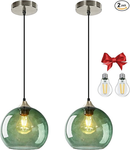 7.1in Medium Green Glass Pendant Light for Kitchen Island, 2-Pack with Extra LED Bulbs & 4.92ft Adjustable Cord | Modern Minimalist Lighting for Dining Room, Living Room, Entryway