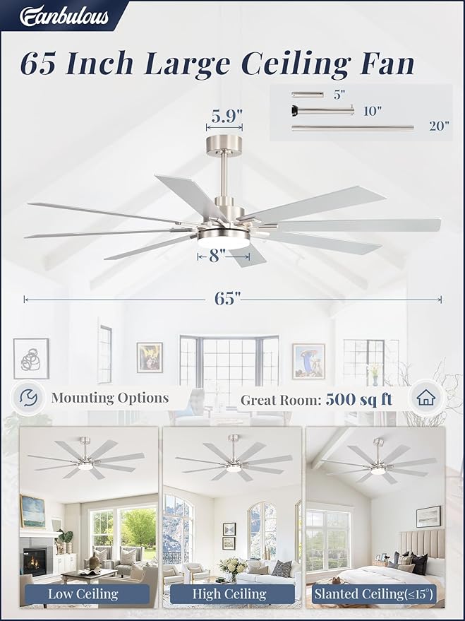 Fanbulous 65 Inch Ceiling Fan with Light and Remote, 6 Speeds Reversible DC Motor Ceiling Fans for Living Room Patio Garage, 3CCT Dimmable LED, 8 Wood Blades, Downrod Mount, Sloped Ceiling Compatible