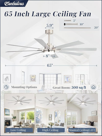 Fanbulous 65 Inch Ceiling Fan with Light and Remote, 6 Speeds Reversible DC Motor Ceiling Fans for Living Room Patio Garage, 3CCT Dimmable LED, 8 Wood Blades, Downrod Mount, Sloped Ceiling Compatible