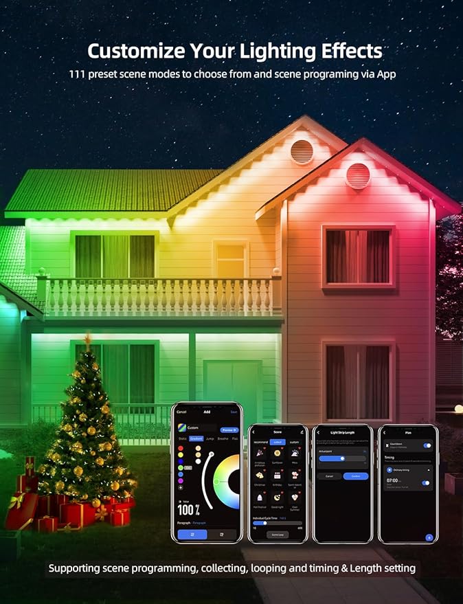 APPECK Permanent Outdoor Lights 100ft with 72 LEDs, DIY Scene Modes, Smart RGBW String Lights Waterproof, App/Remote Control for Easter, Holiday, Alexa/Google Assistant Compatible, Black