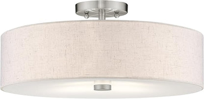 Livex Lighting 52136-91 Meridian Collection 4-Light Semi Flush Mount Ceiling Fixture with Oatmeal Color Fabric Hardback Drum Shade and Satin White Diffuser, Brushed Nickel