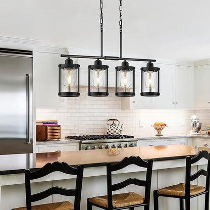 4-Light Kitchen Island Lighting, Black Linear Dining Room Light Fixtures with Clear Glass and Chain, Modern Farmhouse Chandelier Pendant Light for Kitchen Island Dining Room, OS-3014-4ISBK
