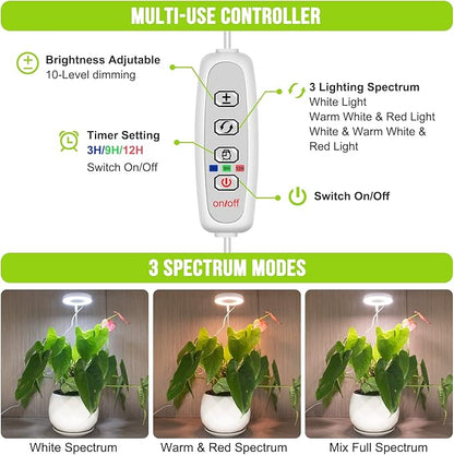 Kullsinss Grow Lights for Indoor Plants, Full Spectrum Halo Growing lamp with Detachable Base, Height Adjustable, 3 Colors, 10 Dimming, Automatic Timer, Plant Light for Small Plants Growing, 2-Pack