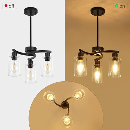 3 Light Modern Dining Chandeliers Over Table，Black Light Fixture for Dining Room，Farmhouse Chandelier with Glass Shade，Industrial Pendant Lights Kitchen Island，Foyer,Hallway, Bedroom
