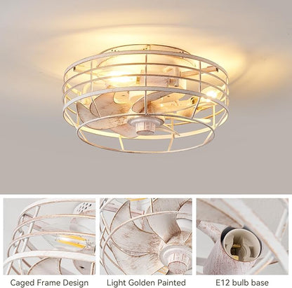 Ceiling Fan with Light and Remote, Modern Flush Mount Fan Lights Cage Ceiling Fixture, Bladeless 12 in 6 Speeds Fans with Lights for Kitchen Bedroom Living Room, White and Gold