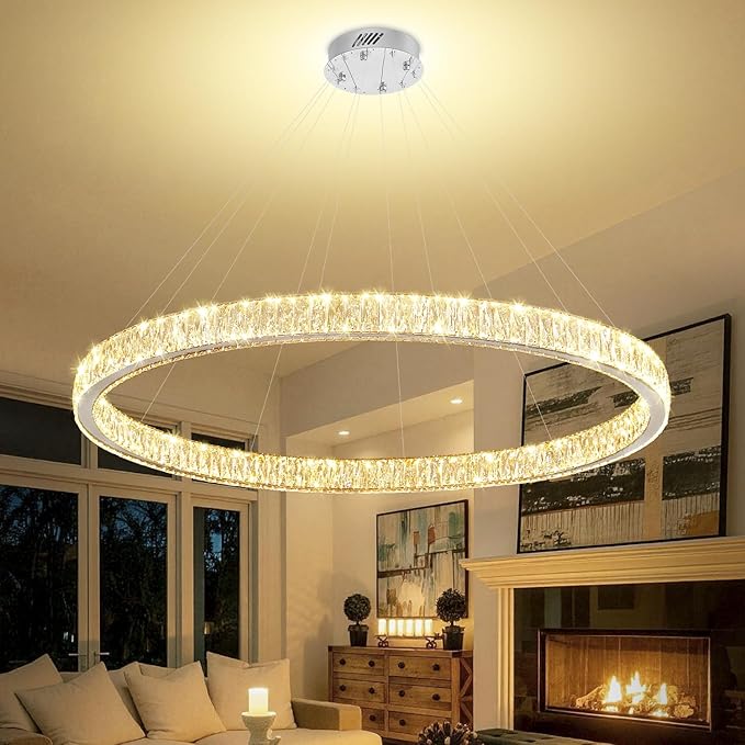 Modern LED Dimmable Crystal Chandelier 47.5" Ring Pendant Light Adjustable Round Chrome Crystal Chandelier for Dining Room Living Room