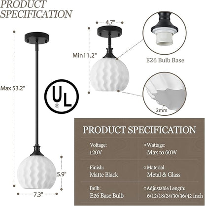 Black Pendant Lights Kitchen Island with Frosted Milk Glass, 1-Light 7.3" Modern Pendant Light Fixtures, Height Adjustable Single Globe Hanging Lighting for Kitchen Sink Bathroom, E26 Base