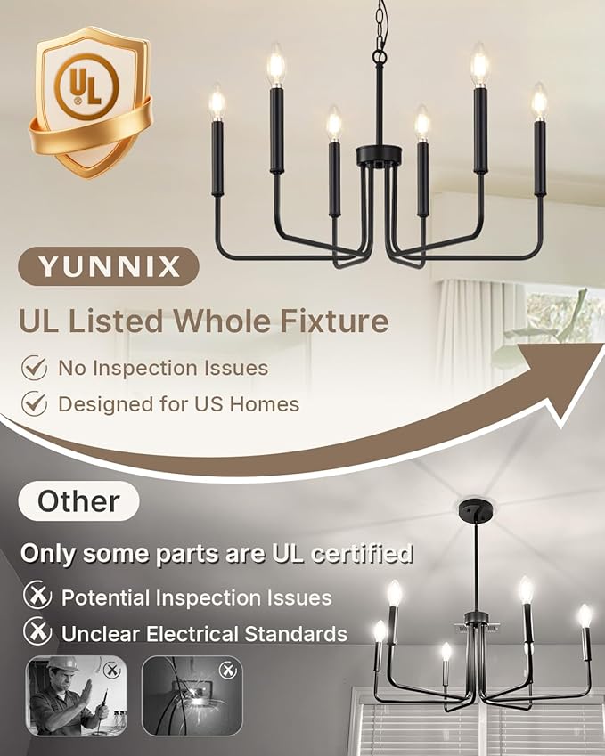 Yunnix 6 Light Matte Black Farmhouse Chandelier with Chain for Dining Room Lighting Fixtures, Rustic Industrial Iron Chandeliers for Bedroom, Foyer, Kitchen, Living Room and Entryway