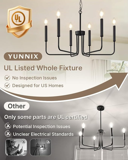 Yunnix 6 Light Matte Black Farmhouse Chandelier with Chain for Dining Room Lighting Fixtures, Rustic Industrial Iron Chandeliers for Bedroom, Foyer, Kitchen, Living Room and Entryway