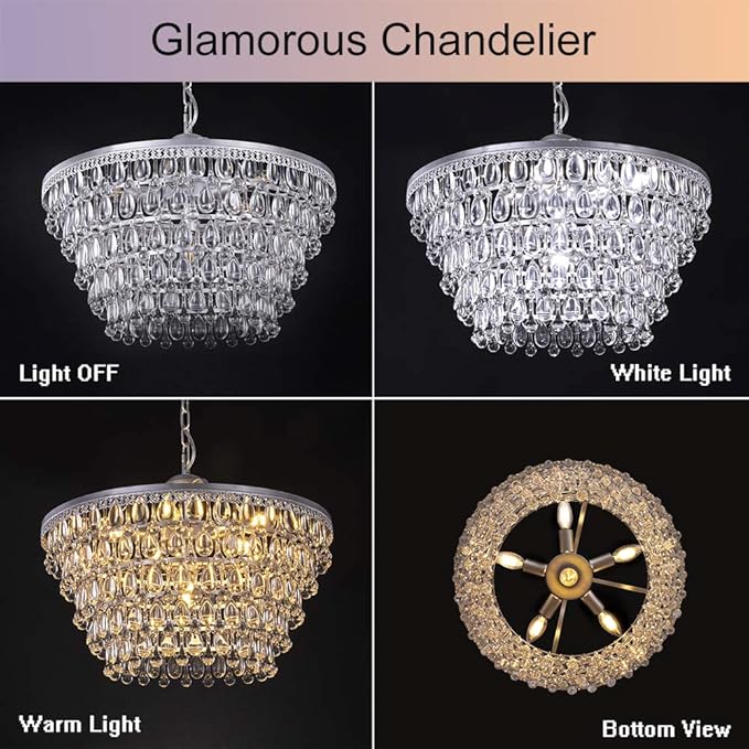 Wellmet 20 Inch Crystal Chandeliers, 6 Lights 5 Tiers Crystal Light, Adjustable Ceiling Pendant Lights, Modern Hanging Chandelier Lighting Fixture for Dining Room, Bedroom, Hallway, Bar, Kitchen, Bath