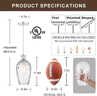 Glass Pendant Lights Kitchen Island 2 Pack, Brushed Nickel Pendant Light Fixtures with Hand-Blown Clear Glass, Modern Hanging Light for Kitchen Sink Dining Room Bedroom, E26
