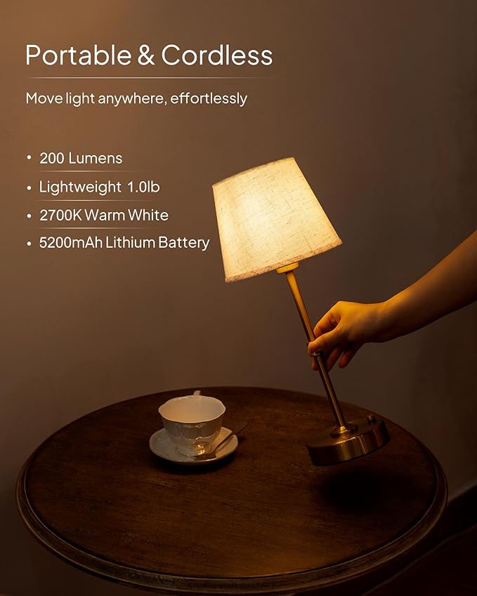 EppieBasic Cordless Table Lamp Rechargeable: Fast Charging & Long Lasting - 2700K Warm Light Small Vintage Gold Side Table Lamps - Dinning Living Room Bedroom - Linen Shade