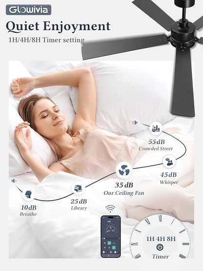 60 Inch Ceiling Fan with Lights and Remote, Smart APP Control, Dimmable with All-Setting Memory, Quiet DC Motor Reversible Blades, Damp Rated Modern Ceiling Fan for Bedroom Patio Living Room