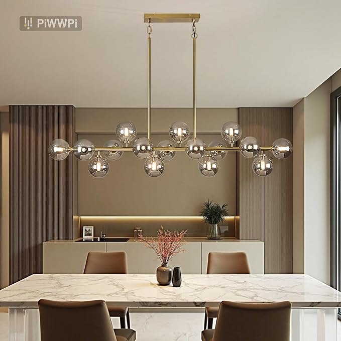 55" Long Brass Gold Chandeliers for Dining Room Kitchen Island, Large Globe Sputnik Linear Chandelier, 16 Lights Mid Century Modern Light Fixture Over Table, Smoke Grey Bubble, GC-08