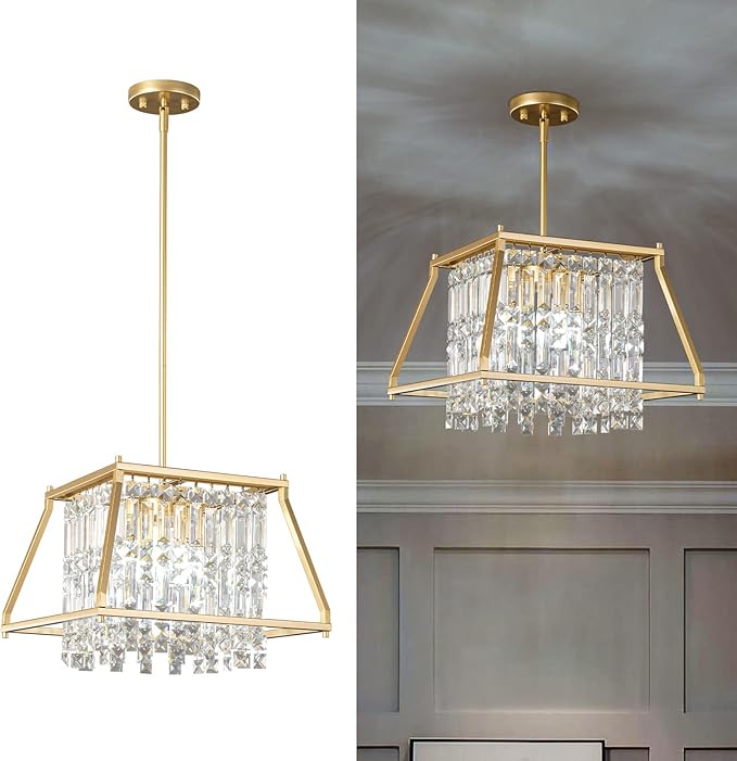 LMQNINE Farmhouse Chandelier - Gold Metal Crystal Pendant Light for Kitchen, Dining Room, Living Room - Flat and Inclined Ceiling (Trapezoid -15.74in)