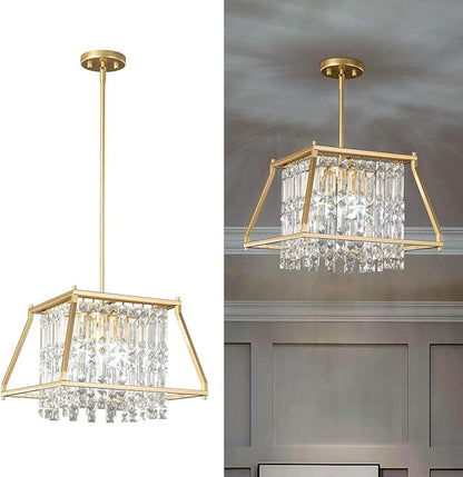 LMQNINE Farmhouse Chandelier - Gold Metal Crystal Pendant Light for Kitchen, Dining Room, Living Room - Flat and Inclined Ceiling (Trapezoid -15.74in)