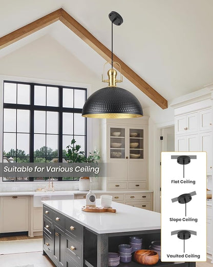 15.7 Inch Black Pendant Light 2 Pack, Hammered Industrial Pendant Lights，Adjustable Height, Large Dome Pendant Light Fixtures for Kitchen, Dining Room, Bedroom,Bar