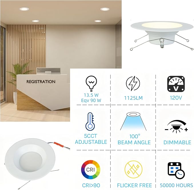 KSANA Recessed Lighting 6 Inch, 5CCT White LED Can Lights for Ceiling, 5 Colors Selectable-2700K/3000K/3500K/4000K/5000K,13.5W=90W, Dimmable Retrofit Downlight with Baffle Trim