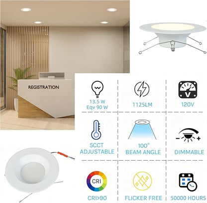 KSANA Recessed Lighting 6 Inch, 5CCT White LED Can Lights for Ceiling, 5 Colors Selectable-2700K/3000K/3500K/4000K/5000K,13.5W=90W, Dimmable Retrofit Downlight with Baffle Trim