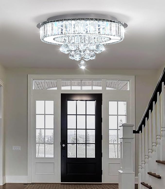 19.6" Silver Modern Crystal Chandeliers for Dining Room LED Dimmable Light Fixtures Flush Mount Light Living Room Bedrooms