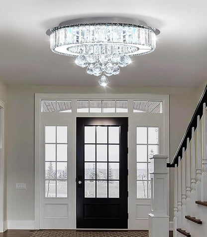 19.6" Silver Modern Crystal Chandeliers for Dining Room LED Dimmable Light Fixtures Flush Mount Light Living Room Bedrooms
