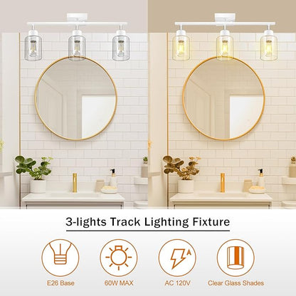 BoostArea White LED 3 Light Track Lighting Kit, 3 Way Ceiling Spot Lighting with Glass Lampshade, Flexibly Rotatable Light Head for Kitchen, Living Room, Bedroom, Bulb Not Included