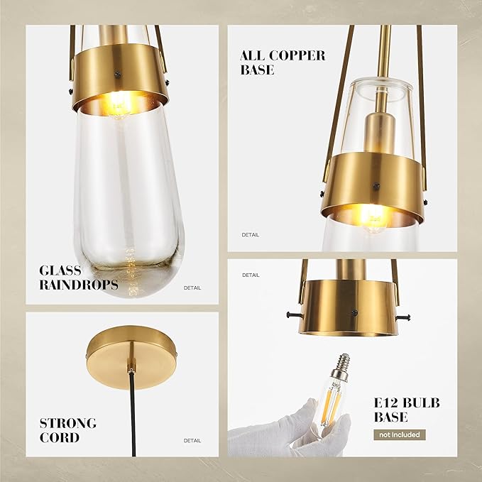 Raindrop Pendant Light Fixtures, Brass Glass Pendant Lighting, Teardrops Gold Hanging Light Clear Solid Glass Pendant Light Modern Chandeliers for Dining Room Porch Corridor Living Room