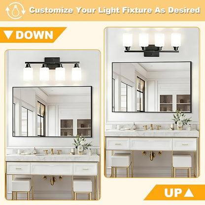 Unicozin 4-Light Bathroom Light Fixtures, Modern Black Vanity Light Over Mirror, Wall Sconces with Milky White Glass Shades for Living Room Bedroom Hallway E26 Base