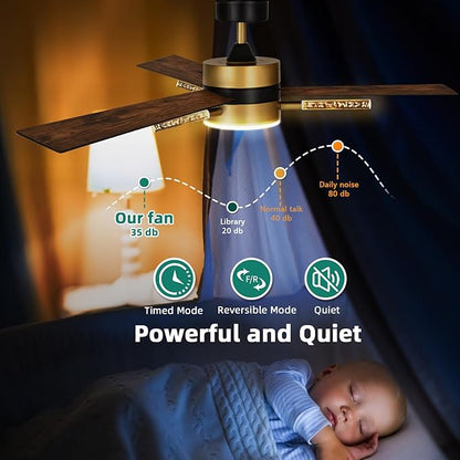 YITAHOME 60 inch Ceiling Fan with Light and Remote, Crystal Rod Design, Modern Fanlight with Reversible Quiet Motor, Black Gold Indoor Ceiling Fan with 3 LED Colors, Memory Function