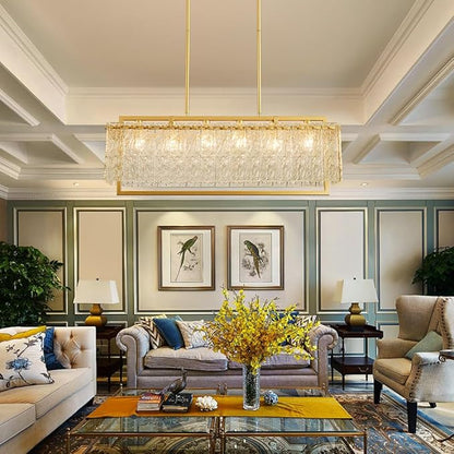 Shrine Lighting Gold Chandeliers, Modern Design, Rectangular Glass Chandelier for Living Space, L30'' × W10'' × H12'', Adjustable 78'', 6 x E12 Sockets, Glass LampShade & Brass Finish Frame
