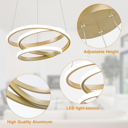Mayful Modern Chandelier with Remote Control, 3-Color Dimmable LED Pendant Light Fixtures, Height Adjustable Kitchen Island Lighting for Dining Room,Bedroom,Living Room,Foyer,Office Gold 13.78 inches