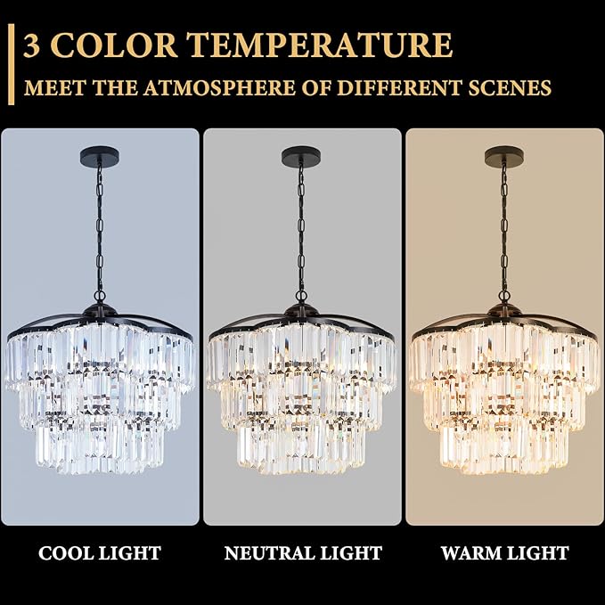 Black Crystal Chandelier - 3 Tiered Adjustable Modern Pendant Light for Dining Room Foyer Living Room Bedroom Kitchen Entryway (6 Lights)