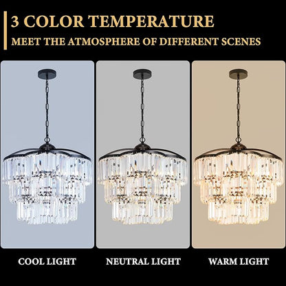 Black Crystal Chandelier - 3 Tiered Adjustable Modern Pendant Light for Dining Room Foyer Living Room Bedroom Kitchen Entryway (6 Lights)